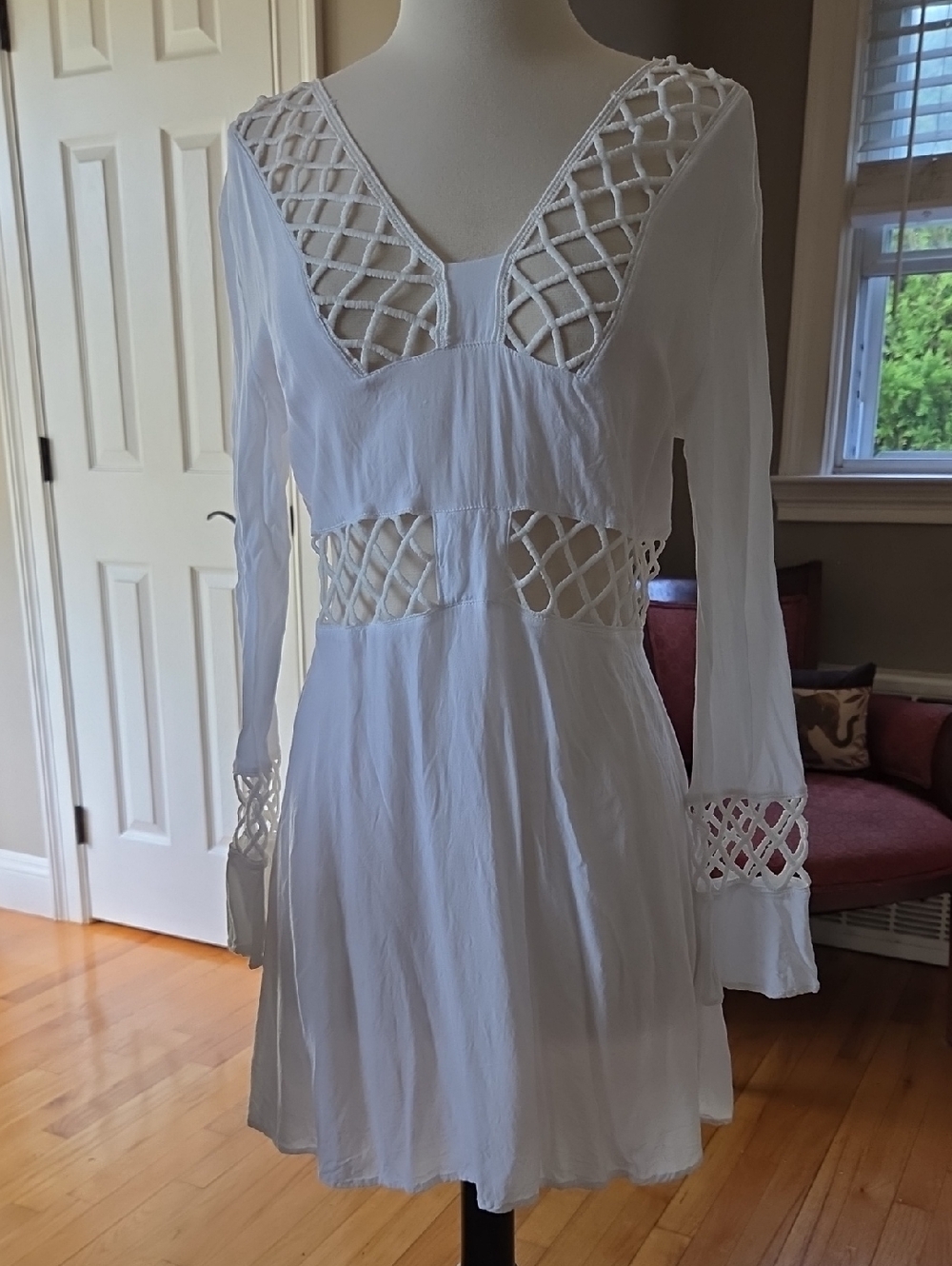VENUS White Mini Dress Tunic Cover Up with Lattice Cutouts XS